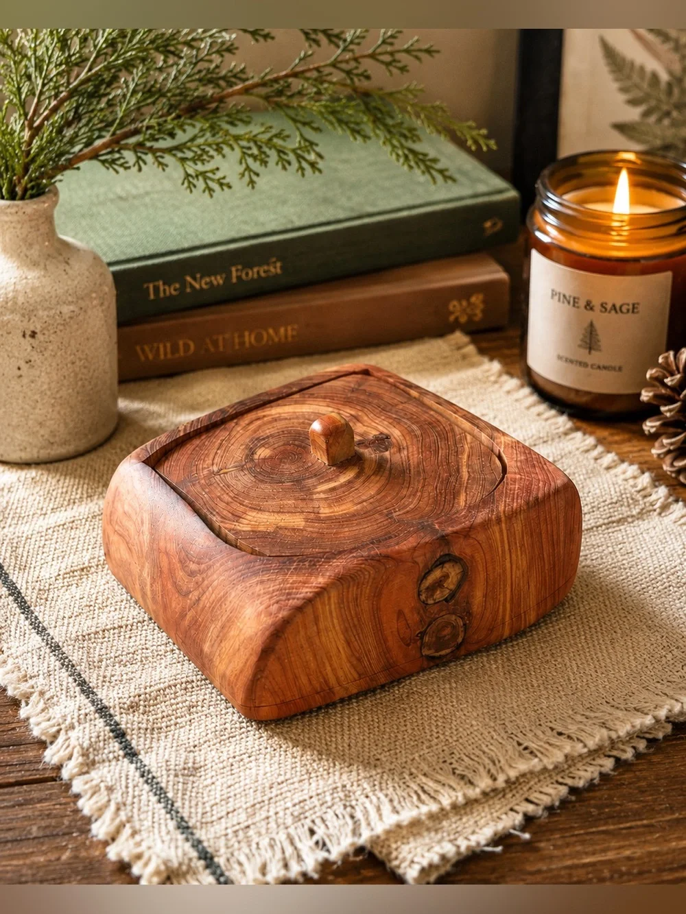 Hand Carved Cedar Wood Secret Compartment Trinket Box Rustic Artisan Keepsake